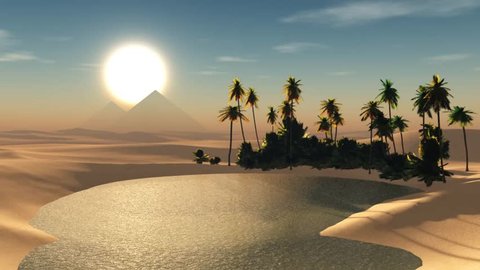 砂漠の砂の中の美しいオアシス 湖の岸のヤシの木 3dレンダリング のイラスト素材