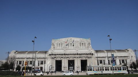 Milan, Italy - March 2018: Central Station, Stazione Centrale. Main entrance with tram