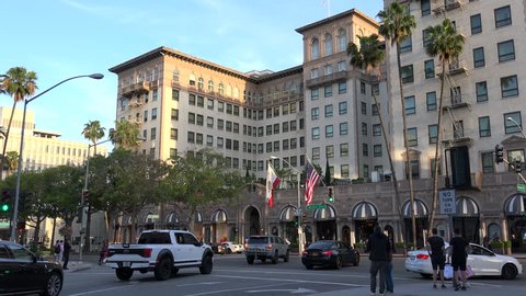 LOS ANGELES - APRIL 03:
Intersection of Wilshire Blvd & Rodeo Drive with the Beverly Wilshire Hotel.
April 03, 2018 in Los Angeles. California, USA