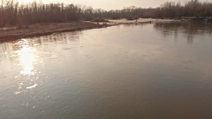 Wisla river bank late autumn time drone flight