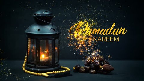 Ramadan Kareem Greeting Gold Glitter Particles. Ramadan Candle Lantern with Wooden Prayer Beads and Dates