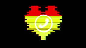 pixel heart with phone call symbol glitch interference screen seamless loop animation background new dynamic retro vintage joyful colorful video footage