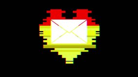 pixel heart with mail envelope symbol glitch interference screen seamless loop animation background new dynamic retro vintage joyful colorful video footage