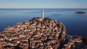 Top aerial view of roofs in old town Rovinj, Istria, Croatia.