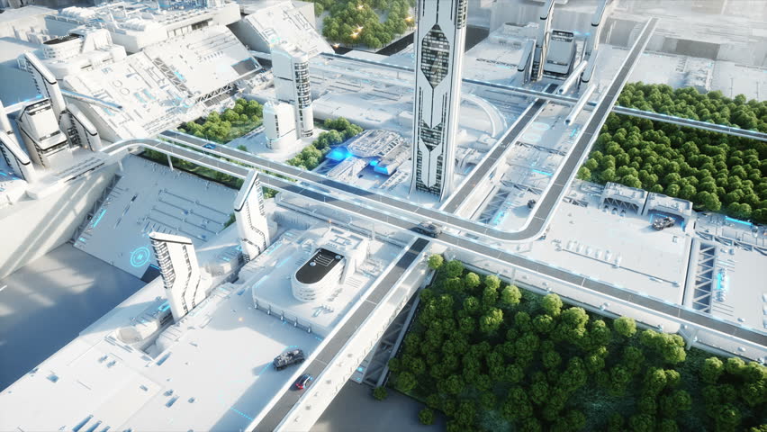 Futuristic city, town. The concept of the future. Aerial view. Realistic 4k animation.