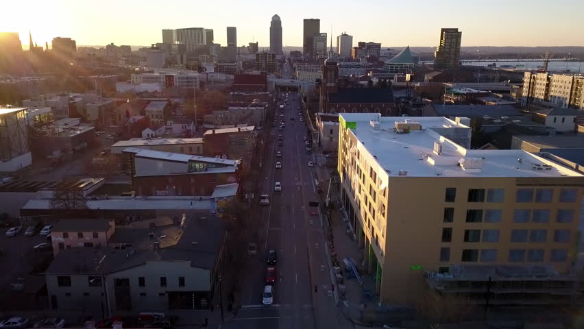 Aerial view of Louisville Kentucky city with buildings, cars and flyovers seen