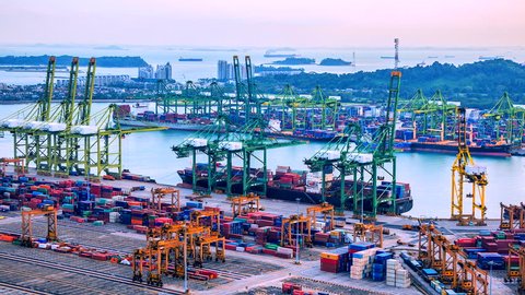 4K.Time lapse view of Deep water por twith Container Port container global Cargo ship and export commercial shipping freight travel business cargo at Singapore