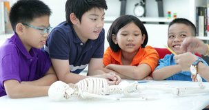 Asian teacher expanding to student in anatomy class with skeleton dummy .