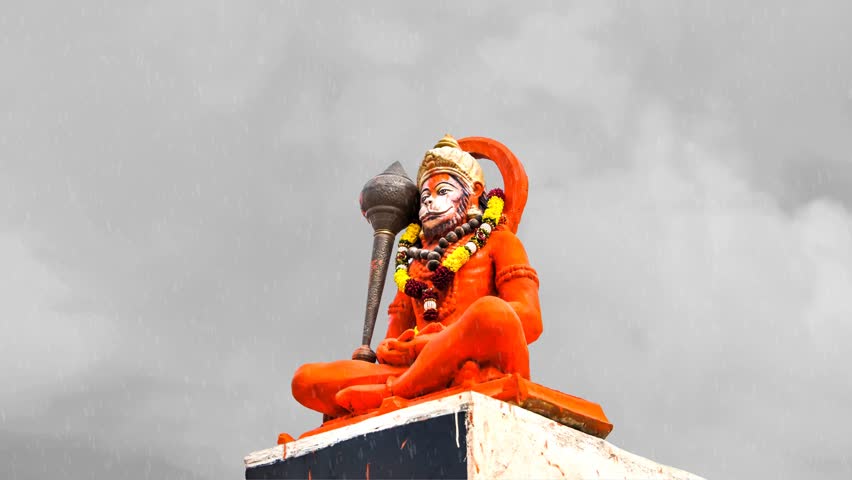 Hindu God Hanuman idol, Motion Poster, Digital Poster, motion poster of god hanuman with falling rain and lightnings  Royalty-Free Stock Footage #1011269342