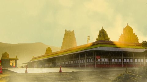 The Tirupati Temple, Tirupati Balaji temple with rain, lightning and fog, motion poster, digital poster of tirupati balaji temple