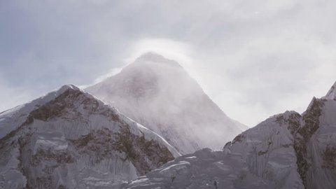 Majestic view of Mount Everest (8848 m), the highest peak of the world. Time lapse panorama.