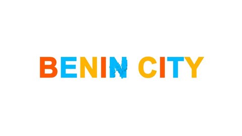 Big city BENIN CITY from letters of different colors appears behind small squares. Then disappears. Alpha channel Premultiplied - Matted with color white