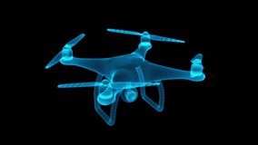 Remote control air drone. Dron flying with action video camera. Wireframe low poly mesh available in FullHD video render footage