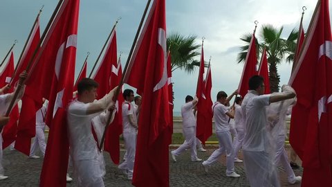 SAMSUN, Turkey - 19 May 2018 
Turkish Band and Flags at the Official Parade at Samsun, Turkey.