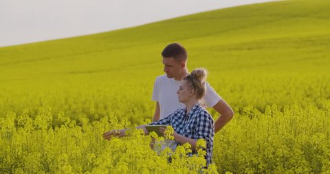 Farmers Discussing Over Tablet Computer At Rapeseed Field