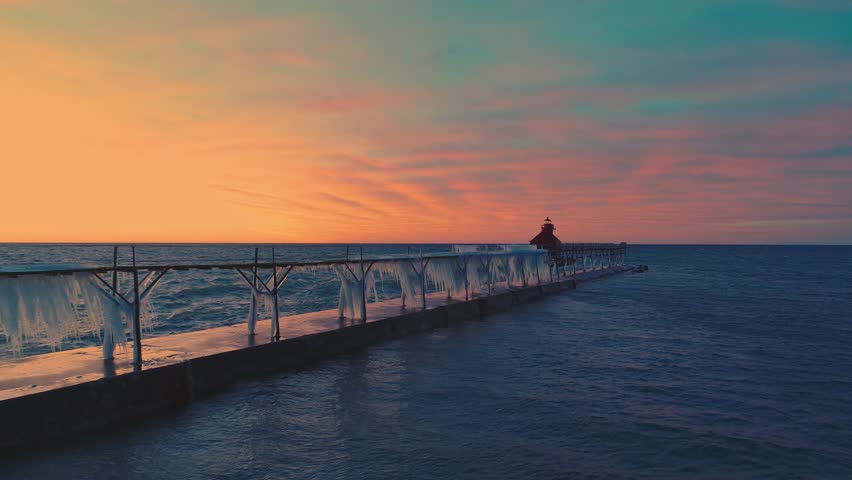 Ice and waves on the lighthouse in Door County Wisconsin on the Great Lakes of Michigan
