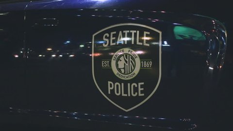 Seattle, Washington/USA - May 17, 2018: Seattle Police Medallion Logo Symbol on Car - Service Pride Dedication Est 1869