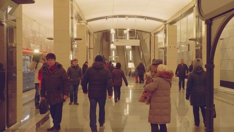 MOSCOW - CIRCA APRIL, 2018: View of people on platform of new metro station Seligerskaya