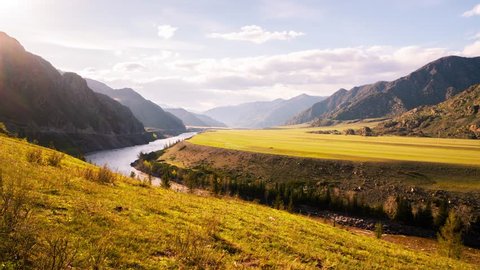 incredible hyperlapse of Altai mountain valley with river at sunset. Altai mountains landscape