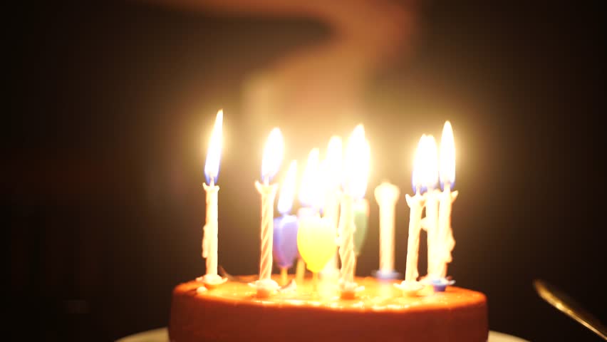 Beautiful brunet young woman making a wish and blowing out candles on birthday chocolate cake, medium shot.