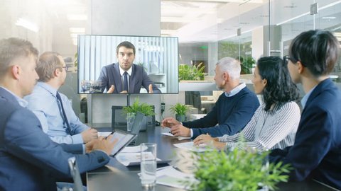 In the Conference Room Board of Directors Have Video Call with International Investor. Business Meeting with Big Merger Discussion.