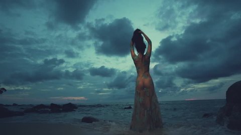 Back view of beautiful mysterious woman in long dress at the sandy beach near rocks over sea and cloudy sunset sky background - video in slow motion