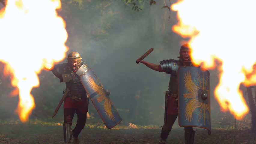 Roman soldiers attacking, slow motion