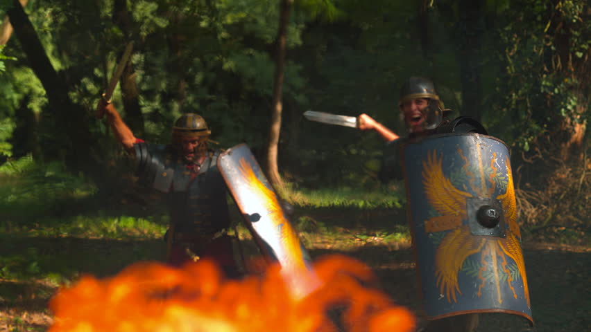 Roman soldiers ready for war, slow motion