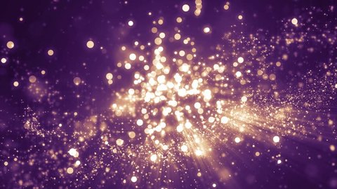 Violet light shine particles bokeh, holiday concept. Christmas animated gold background with circles and stars. Space background. Seamless loop.
