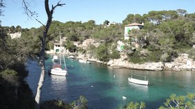Idyllic island scenery on Mallorca, boats at Cala Figuera bay, Balearic Islands, Spain Mediterranean Sea