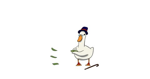Classic Animation of cartoon character. Alpha-channel. The duck with tall hat throws money.