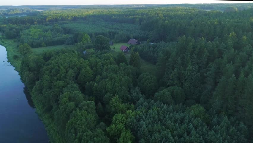 aerial landcape of river in green meadows