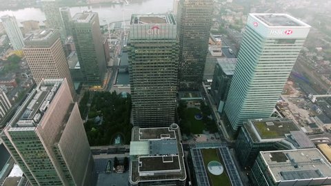 LONDON, UK - JUNE 14 : Aerial View Directly Above The Distinctive Towers Of London's Financial District Rooftop Bird Eye View in Canary Wharf, Isle of Dogs, Canada Square on June 14, 2016 in London UK