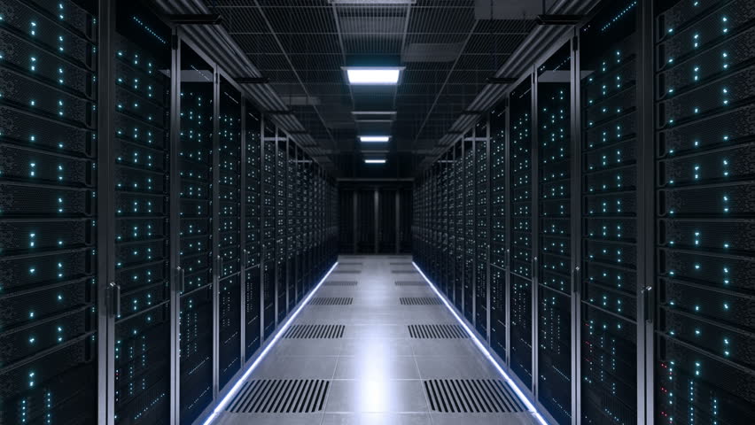 Modern data center with blinking blue LED lights Royalty-Free Stock Footage #1011347150
