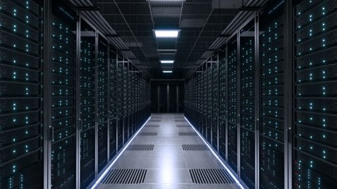 Modern data center with blinking blue LED lights