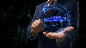 Businessman shows hologram Car on his hand. Man in business suit with future technology screen and modern background - Powered by Shutterstock - Get 15% off with code: PIKWIZARD15