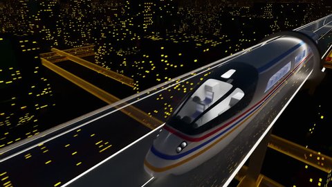 Concept of hyperloop. High-speed white passenger train moves in transparent glass tunnel against a background of dark city with night lights, seamless, looping element, backward movement