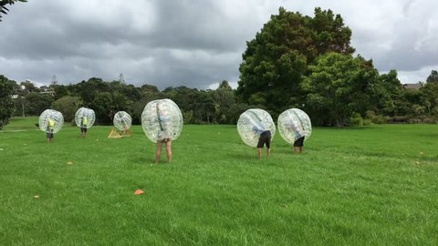 AUCKLAND - MAR 10 2018:Bubble soccer football inflatable human zorb ball bumper game.In May 2018, the first ever World Cup will take place in London UK.