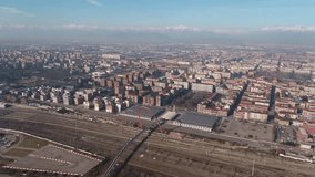 Aerial drone footage view of Train near Lingotto in Torino Piemonte Italy sunset // no video editing