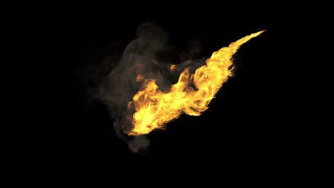 Animated realistic stream of fire like flamethrower shooting or fire-breathing dragon's flames. High quality footage with alpha channel in ProRes 4444 codec.