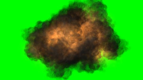 Explosion and black smoke on green screen. Explode clouds. Chroma key