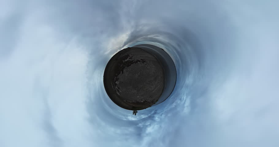 4k Concrete planet with water. Cloudy sunset over Kiev Sea