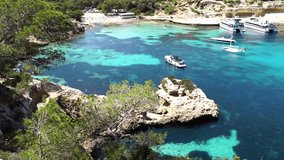 Beach Mallorca, beautiful bay with yachts boats at Portals Vells, Balearic Islands, Mediterranean Sea Spain