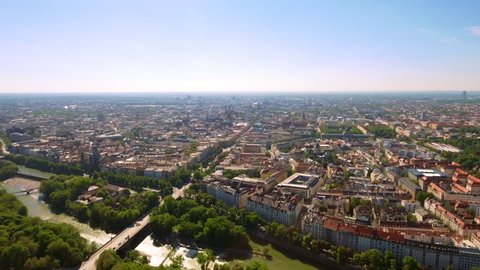 Munich Central Aerial Cityscape in Germany feat. Isar River and Downtown Buildings Skyline HD - 4K