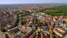 Munich City Aerial View feat. Landmarks such as Bayerische Staatskanzlei State government office, Germany museum Haus der Kunst, Englischer Garten Park, St. Ludwig München Church in Germany
