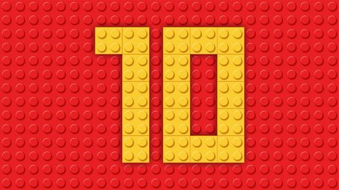 Countdown in the style of lego from 10 to 0. Red background, yellow numbers.