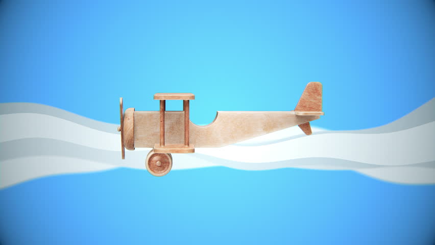 Flying wooden biplane toy with white waves on colorful background. 3d render animation.