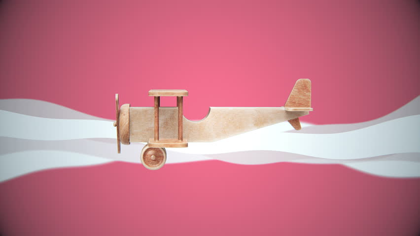 Flying wooden biplane toy with white waves on colorful background. 3d render animation.