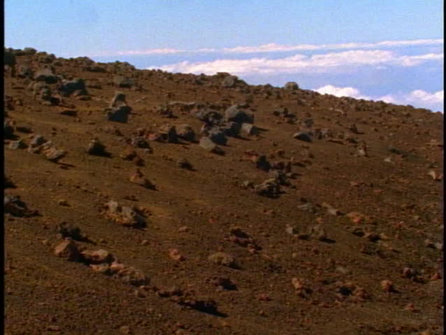 HAWAII, 1999, Haleakala Crater, Moonscape, rocks, tilt up wide shot, on Maui in Hawaii