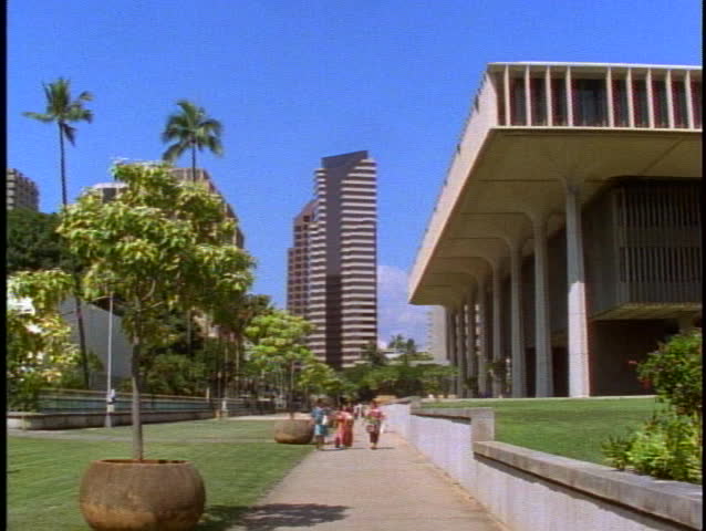 HAWAII, 1999, The Hawaii State Capital Building, wide shot, people walk, in Honolulu